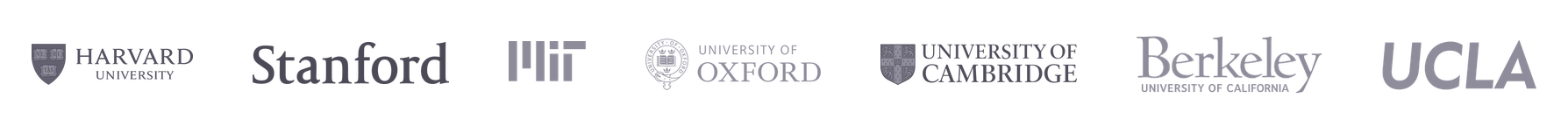 Logos for Harvard University, Stanford, MIT, the University of Oxford, the University of Cambridge, Berkeley, and UCLA