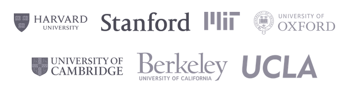 Logos for Harvard University, Stanford, MIT, the University of Oxford, the University of Cambridge, Berkeley, and UCLA